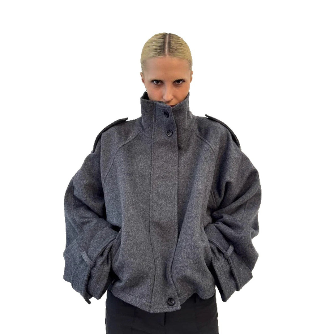 Damen nan kurzer Wollmix-Blouson mit hohem Stehkragen, Schulterpatten und voluminösen Ballonärmeln EB