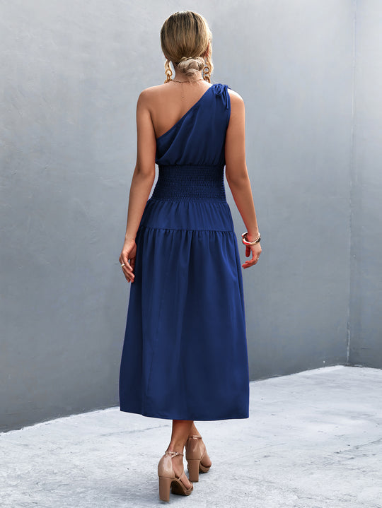Damen Midikleid mit schnörkellosem Ein-Schulter-Design und elastischem Taillenband EB