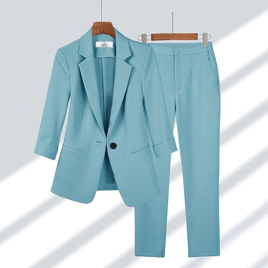 Damen nan schlanker Zweiteiler Business-Blazer mit krempelbaren 3/4-Ärmeln und hochgeschnittener Tapered-Hose EB