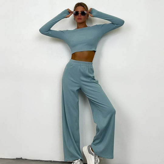 Damen nan eng anliegendes geripptes Cropped Longsleeve mit elastischer Highwaist-Loungehose Set EB