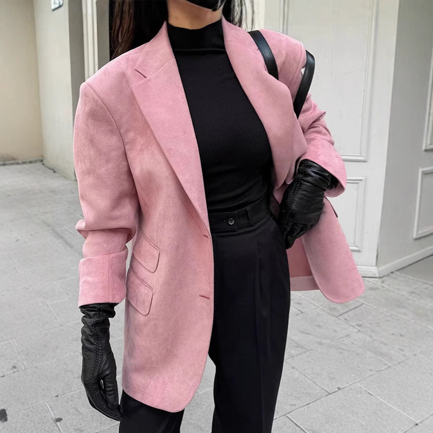 Damen Eleganter Oversized Blazer aus feinem Wildlederimitat EB