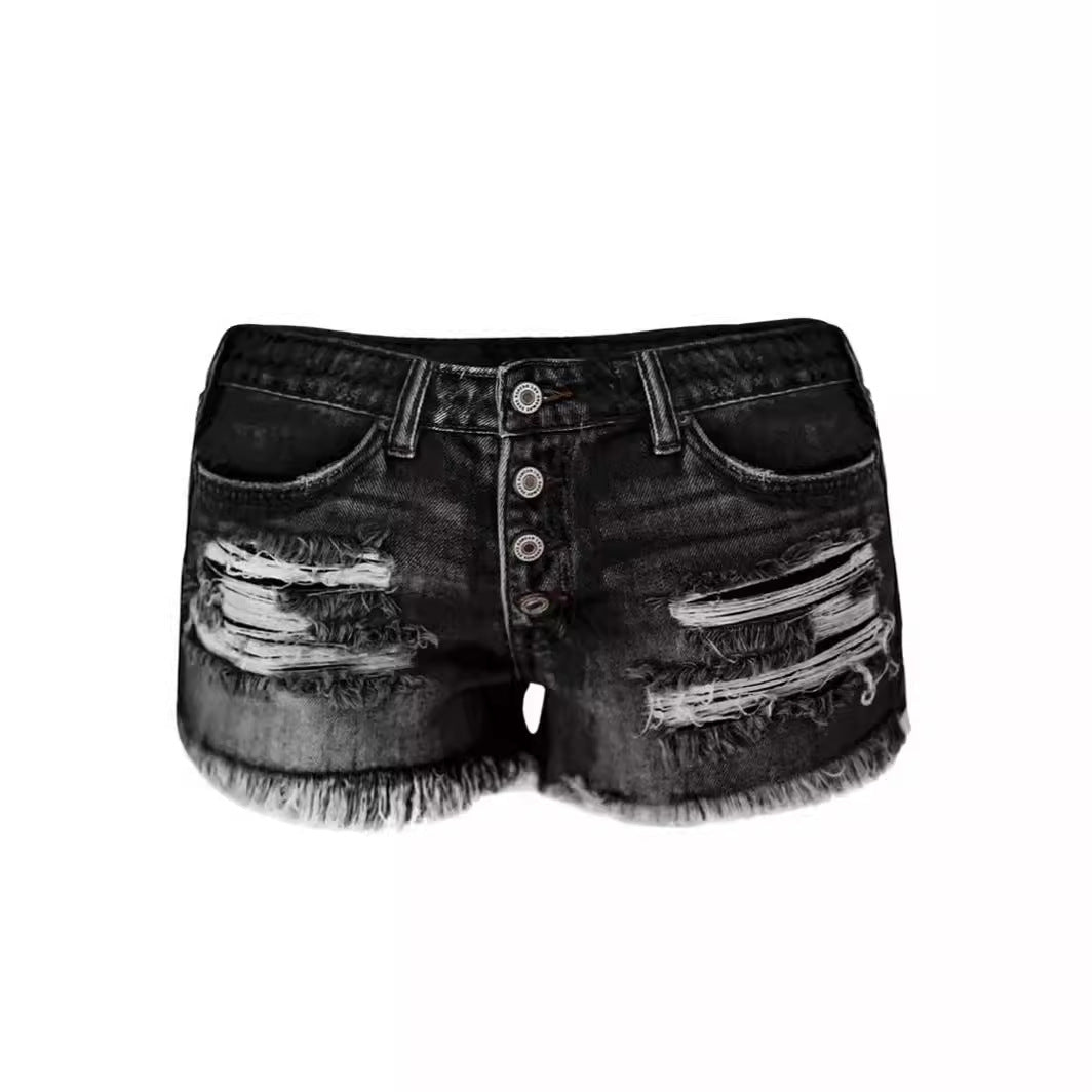 Damen lässige Destroyed Denim-Shorts mit Knopfdetails und fransigem Saum EB