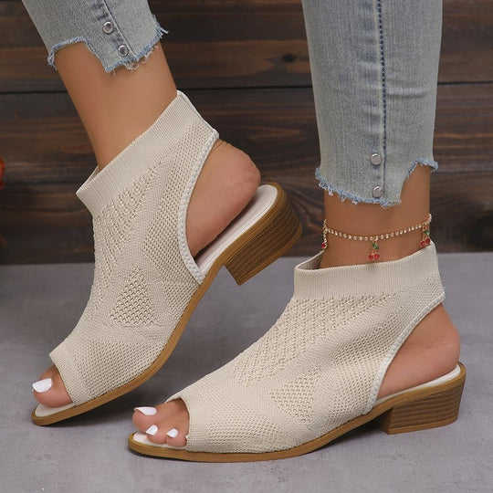 Damen Offene Mules mit Strickdesign und Retro-Blockabsatz EB