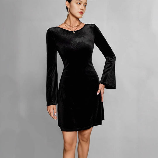 Damen Elegantes und samtiges Midikleid mit langen Ärmeln EB