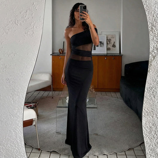 Damen Elegantes Maxikleid mit asymmetrischem Oberteil und Raffungen EB