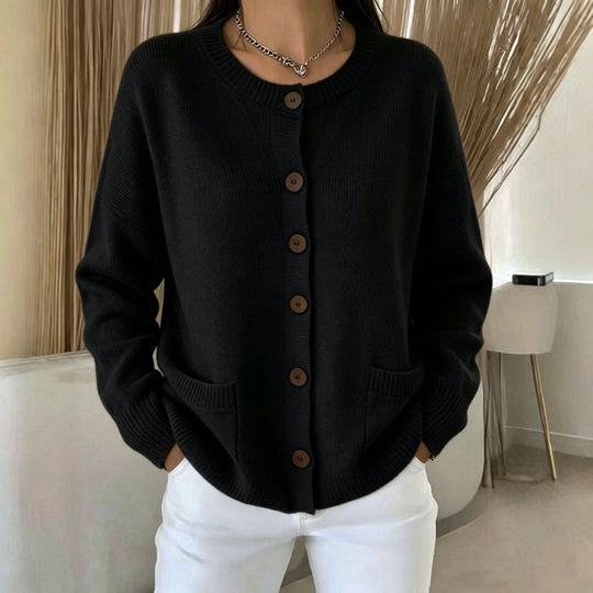 Damen Knopf-Cardigan mit Rundhals, aufgesetzten Taschen und Raglanärmeln EB