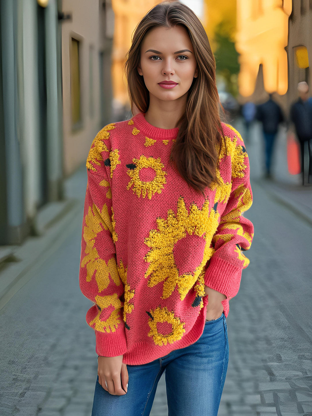 Damen Strickpullover mit floralem Design und Oversize-Schnitt EB