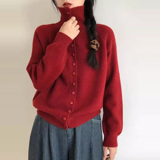 Damen Strickjacke mit hoch geschlossenem Kragen und dekorativen Knöpfen EB