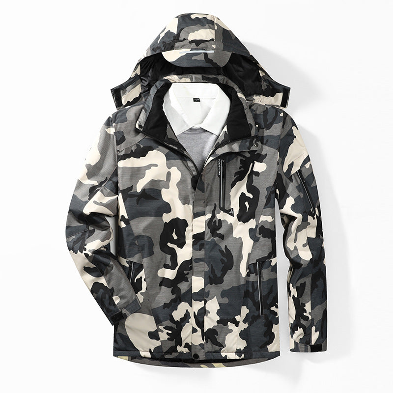 Herren Camouflage Regenjacke mit Kapuze und verstärkten Reißverschlusstaschen EB