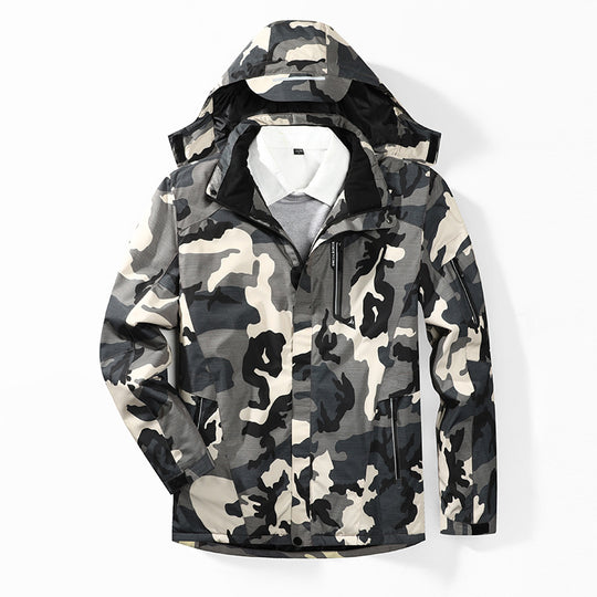 Herren Camouflage Regenjacke mit Kapuze und verstärkten Reißverschlusstaschen EB