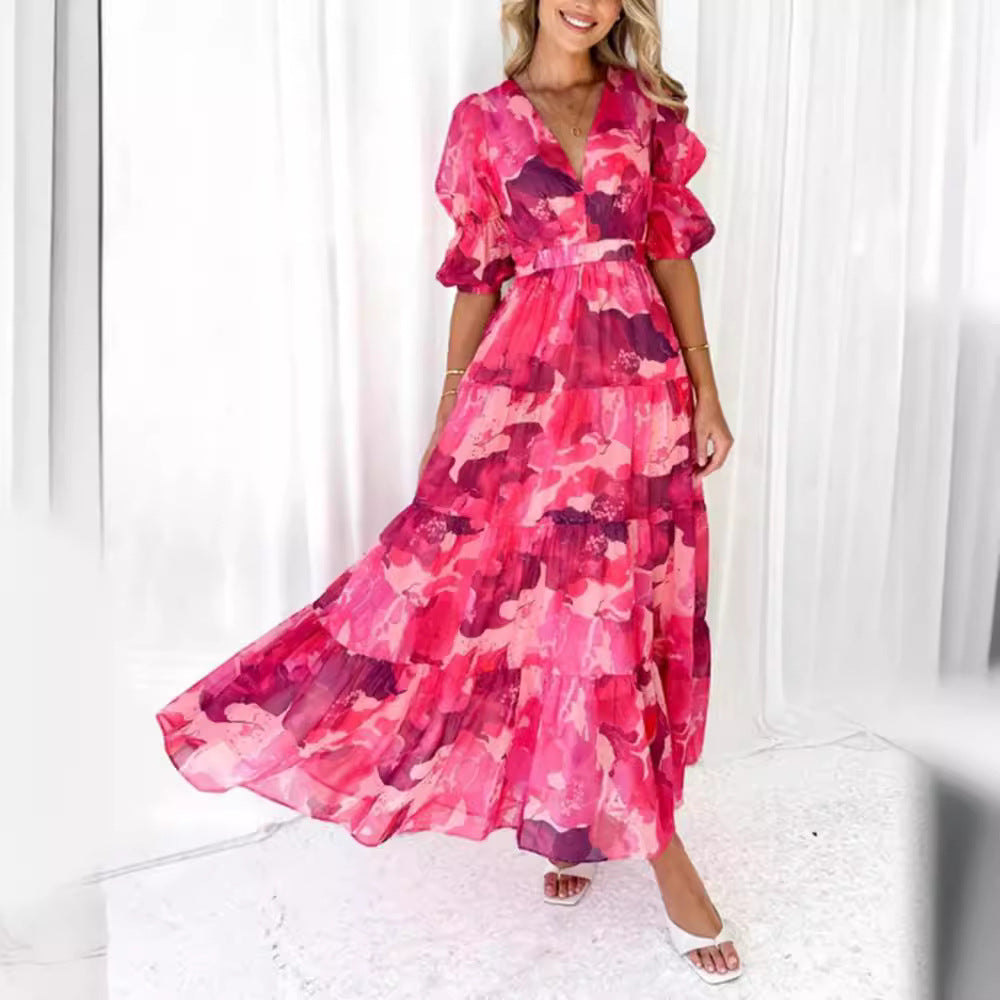 Damen Maxikleid mit voluminösen Puffärmeln und fließendem Rock Heidi-Mode