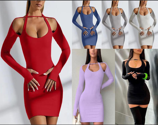 Damen Einseitig Offenes Mini-Kleid mit Langarm EB
