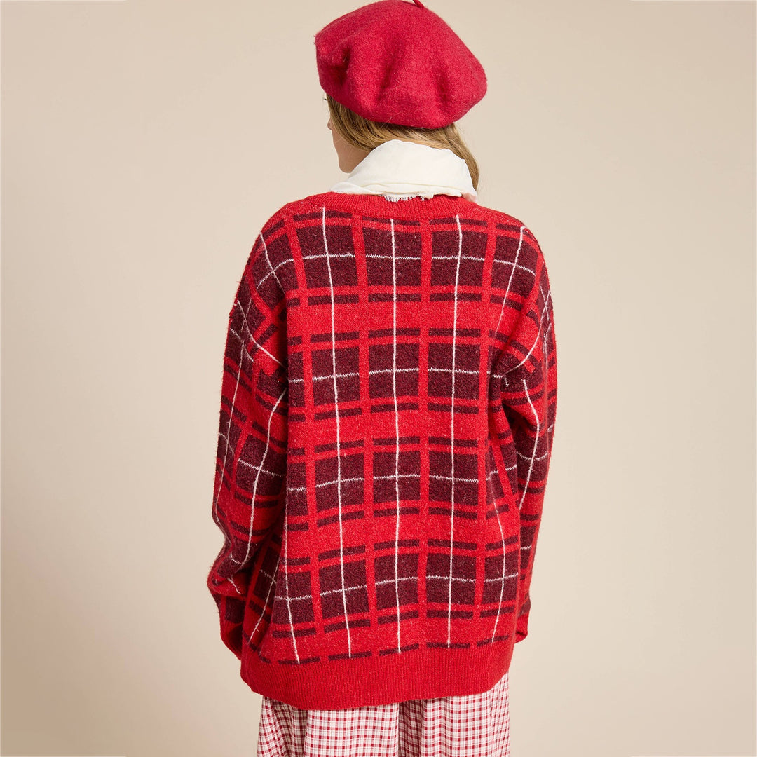Damen Oversize Karierter Strickcardigan mit Bindegürtel & aufgesetzten Taschen EB