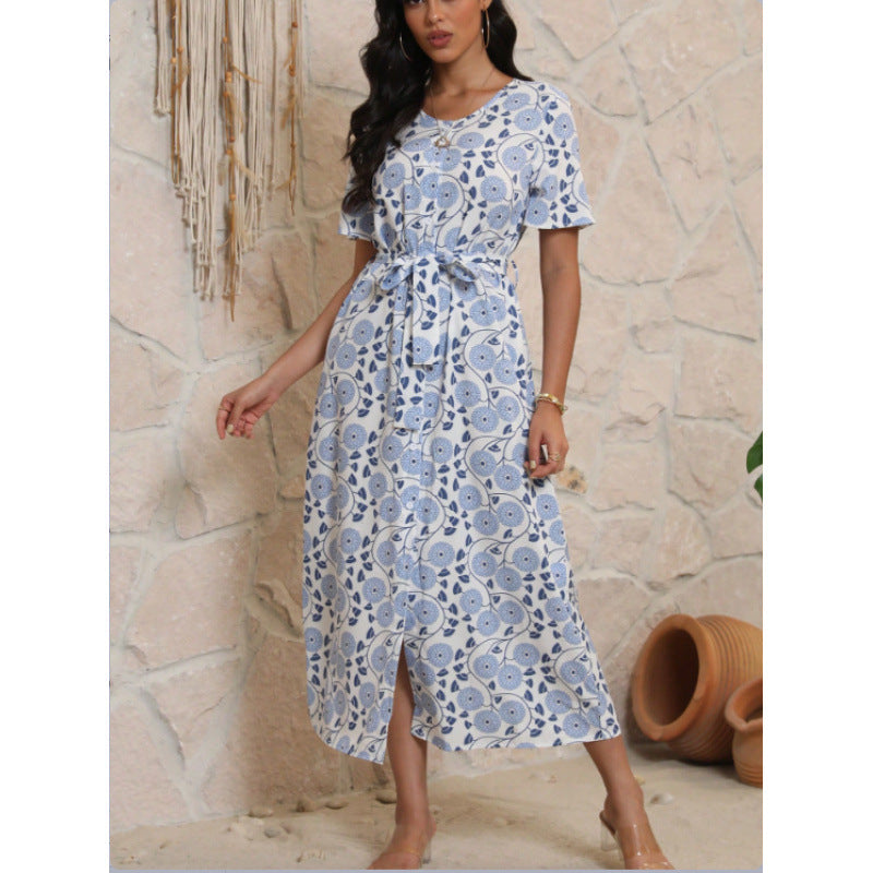 Damen Langarmmaxikleid mit floralem Design und elegantem Bindegürtel EB
