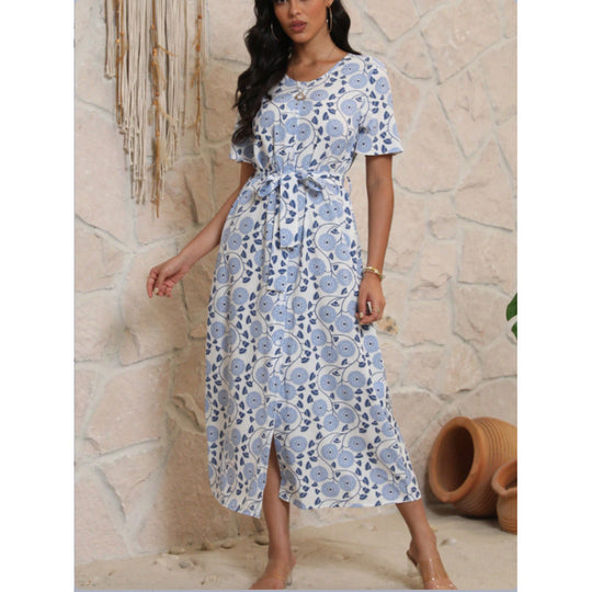 Damen Langarmmaxikleid mit floralem Design und elegantem Bindegürtel EB