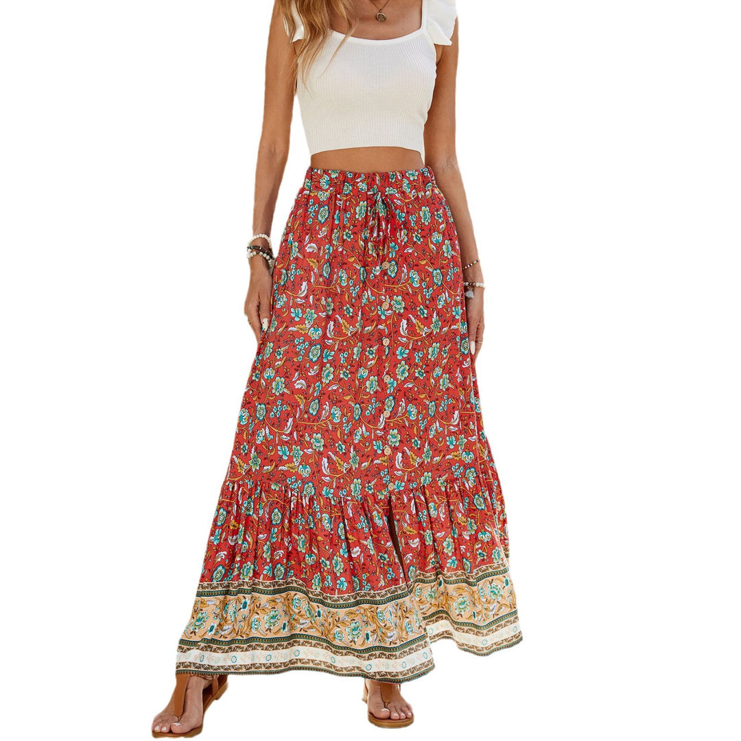 Damen Long Skirt mit Volants und buntem Muster EB