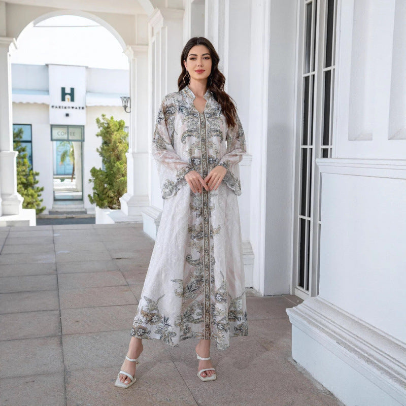 Damen Elegante Kaftan mit floralem Design und transparenten Ärmeln EB