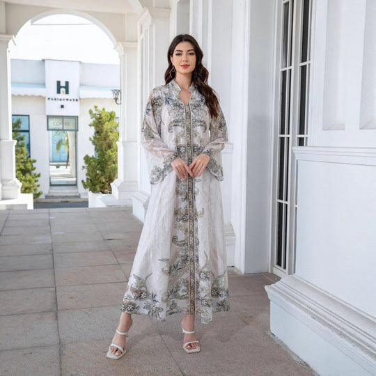 Damen Elegante Kaftan mit floralem Design und transparenten Ärmeln EB