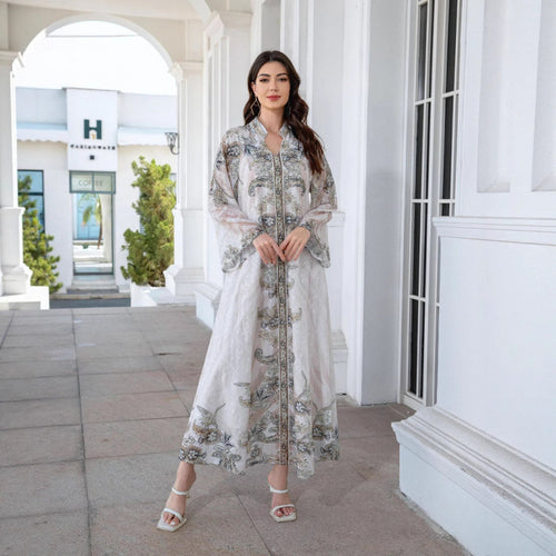 Damen Elegante Kaftan mit floralem Design und transparenten Ärmeln EB