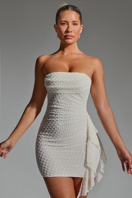 Damen Mini-Kleid mit raffinierten Rüschendetails und elastischer Struktur EB