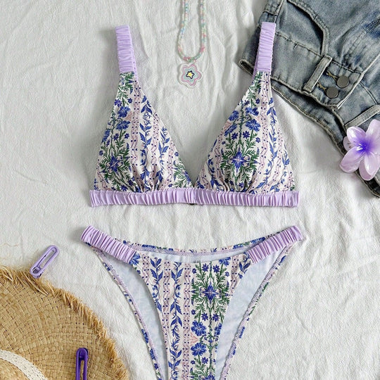 Damen Triangel-Bikini mit floralem Design und Rüschendetails EB