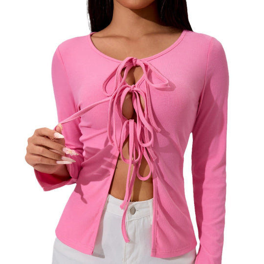 Damen geripptes Longsleeve-Top mit mehrfachem Front-Schnürdetail, Cut-Outs und taillierter Passform Eichborn Berlin