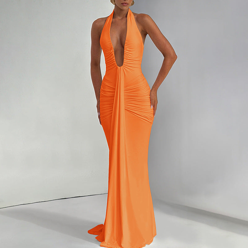 Damen Elegantes Maxikleid mit raffinierten Drapierungen und tiefem V-Ausschnitt EB