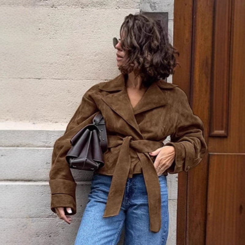 Damen Modische Wildlederjacke mit Gürtel und tailliertem Schnitt EB