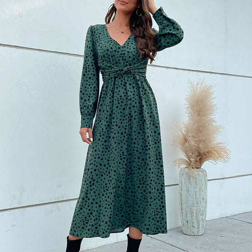 Damen Maxikleid mit modernem Wickeldesign und grafischem Punktmuster EB