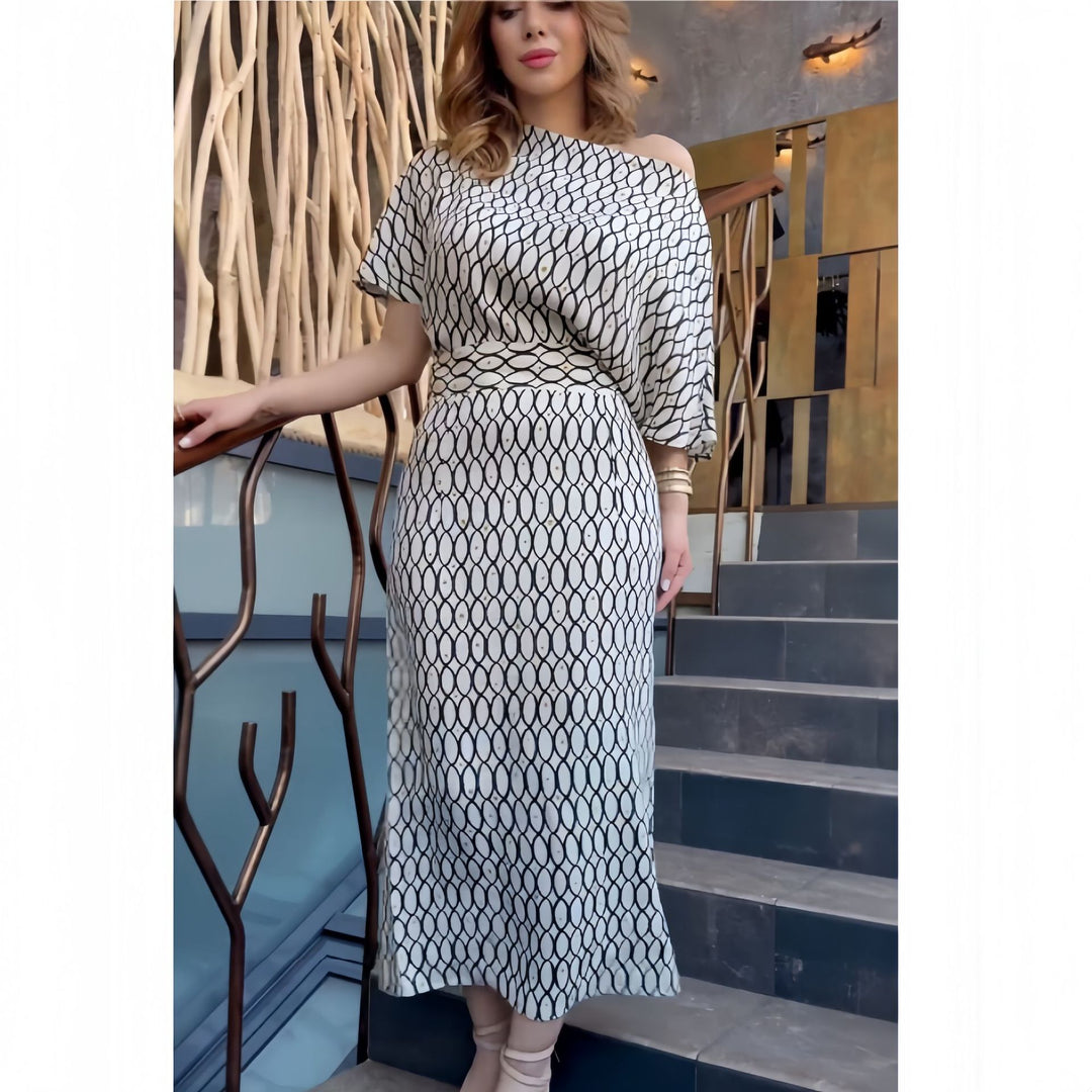 Damen Elegantes Maxikleid mit asymmetrischem Schnitt und strukturiertem Muster EB