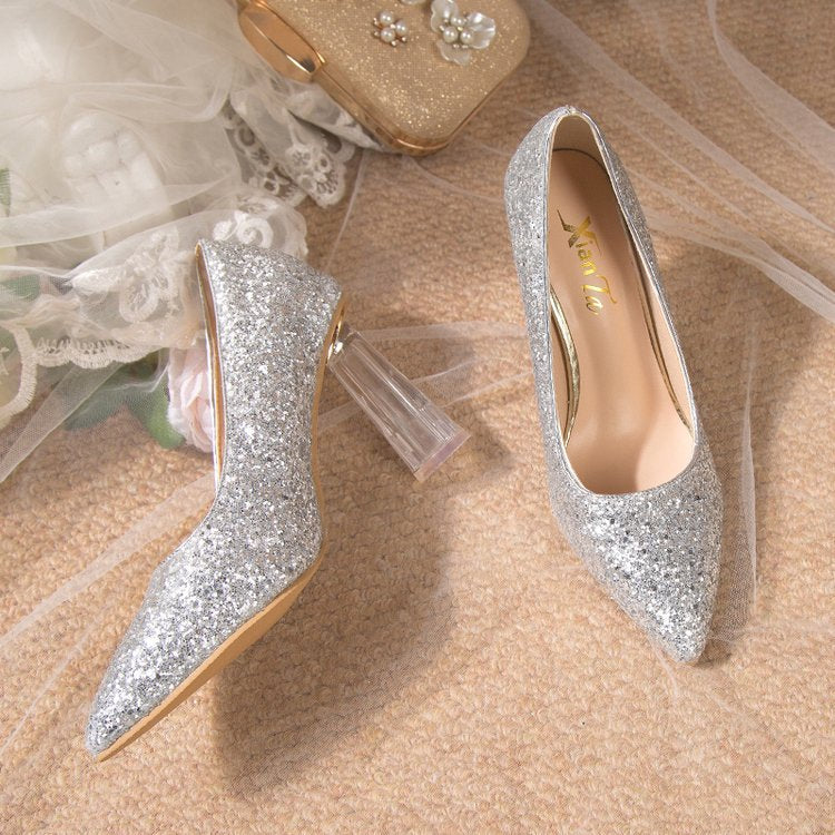 Damen Glitzernde High Heels mit transparentem Blockabsatz EB