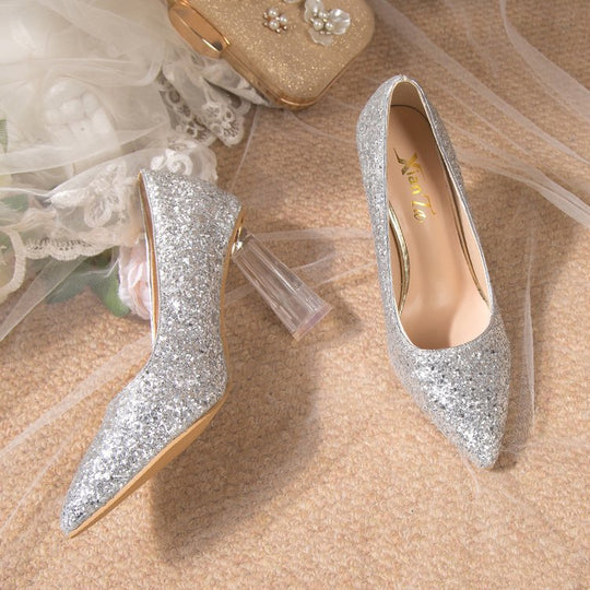 Damen Glitzernde High Heels mit transparentem Blockabsatz EB