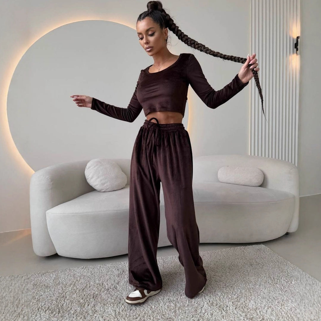 Damen Samt-Loungewear-Set mit Cropped-Langarmshirt und hoher Taillen-Palazzohose EB