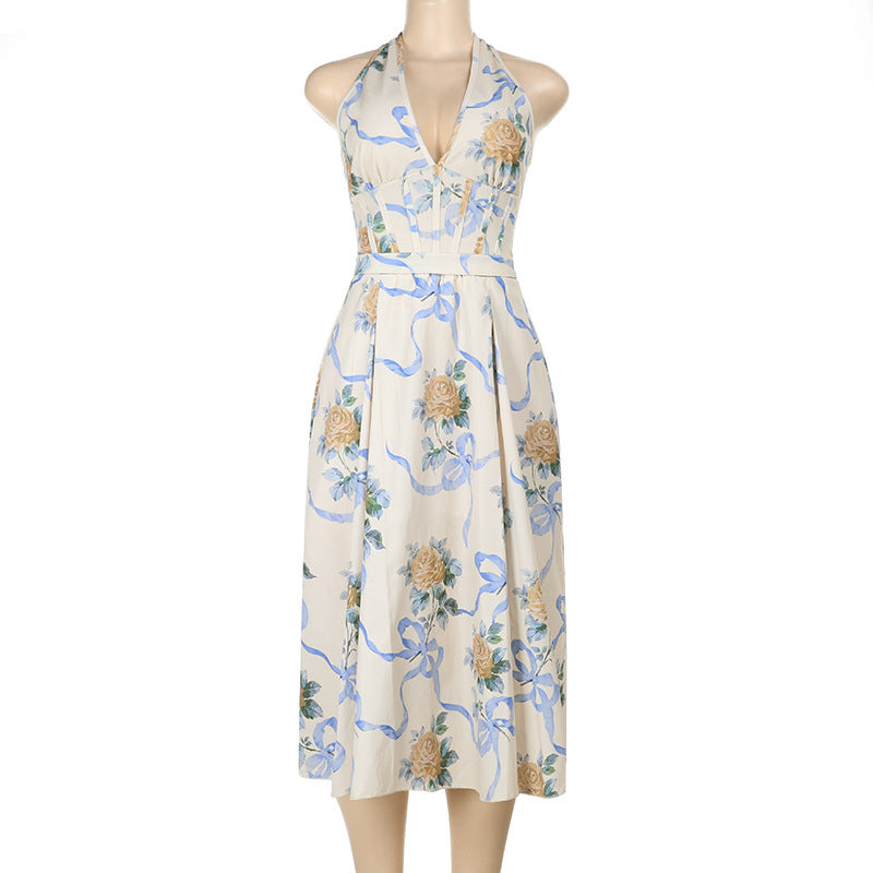 Damen Elegantes Blumen-Midikleid mit tiefem V-Ausschnitt EB