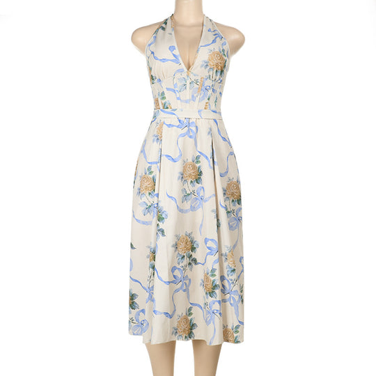 Damen Elegantes Blumen-Midikleid mit tiefem V-Ausschnitt EB