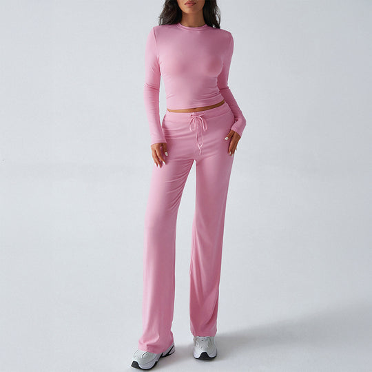 Damen nan tailliertes Longsleeve-Crop-Top und weite Lounge-Hose im Zweiteiler-Set aus Stretchjersey EB