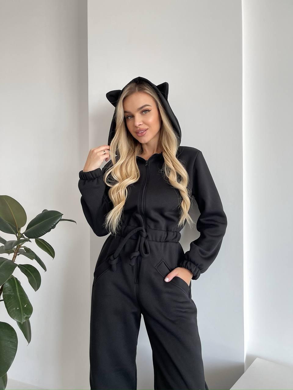 Damen Kuscheliger Kapuzen-Overall mit Katzenohren und Taillenzug EB