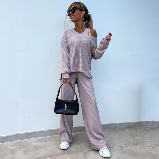 Damen lässiges Rippsweat-Lounge-Set mit Off-Shoulder-Sweatshirt und weit geschnittener High-Waist-Hose EB