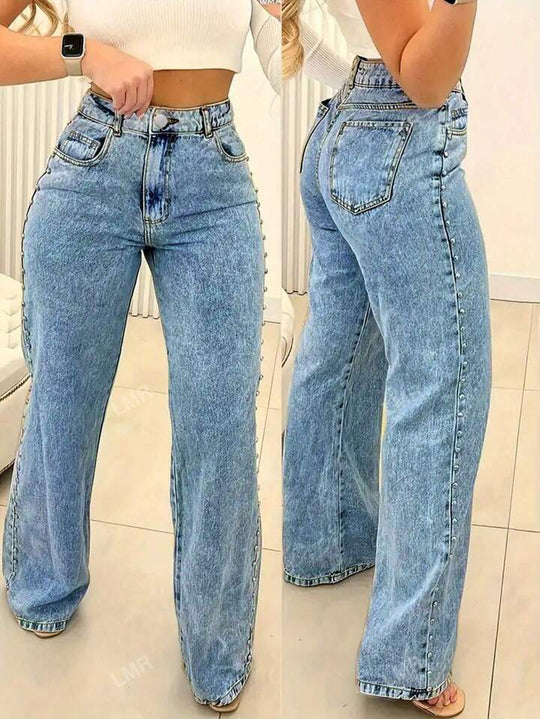 Damen Weite Denim-Jeans mit ausgefallenem Schnitt und dekorativen Knopfdetails EB