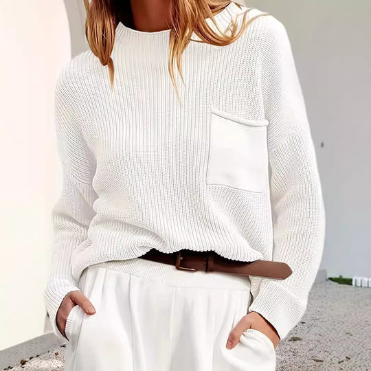 Damen Strickpullover mit hohem Kragen und Brusttasche EB