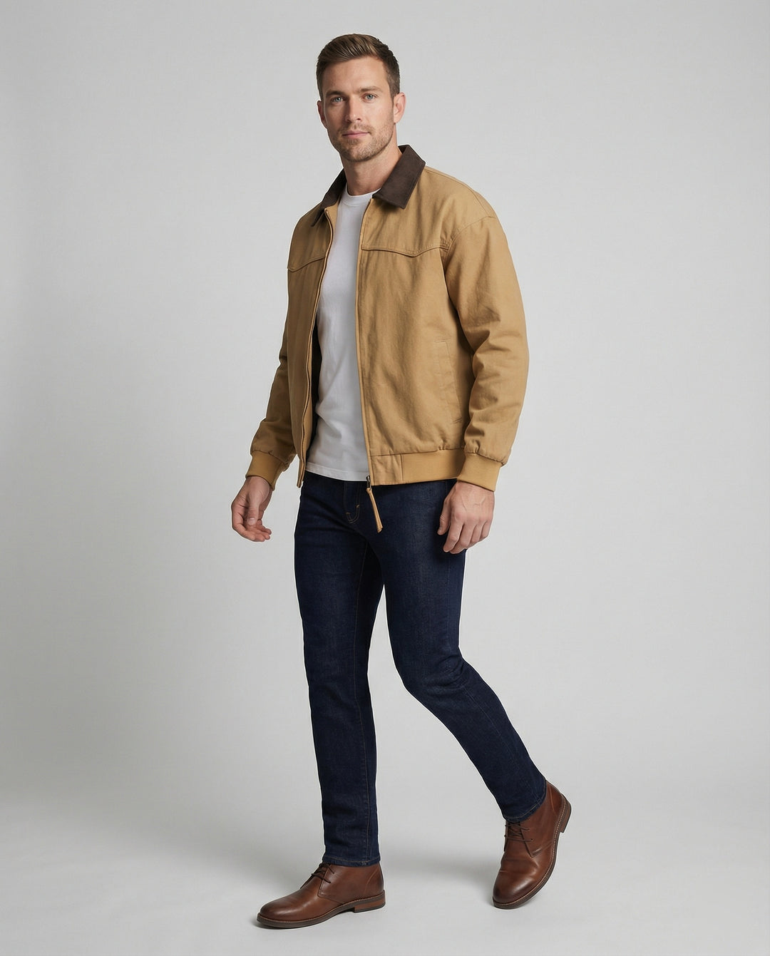 Herren lässige Workerjacke mit kontrastkragen Reißverschlussfront und Rippbündchen EB