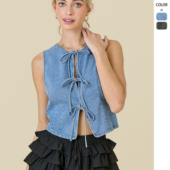 Damen Denim-Hemdweste mit verspielten Schnürdetails und modernem Schnitt EB