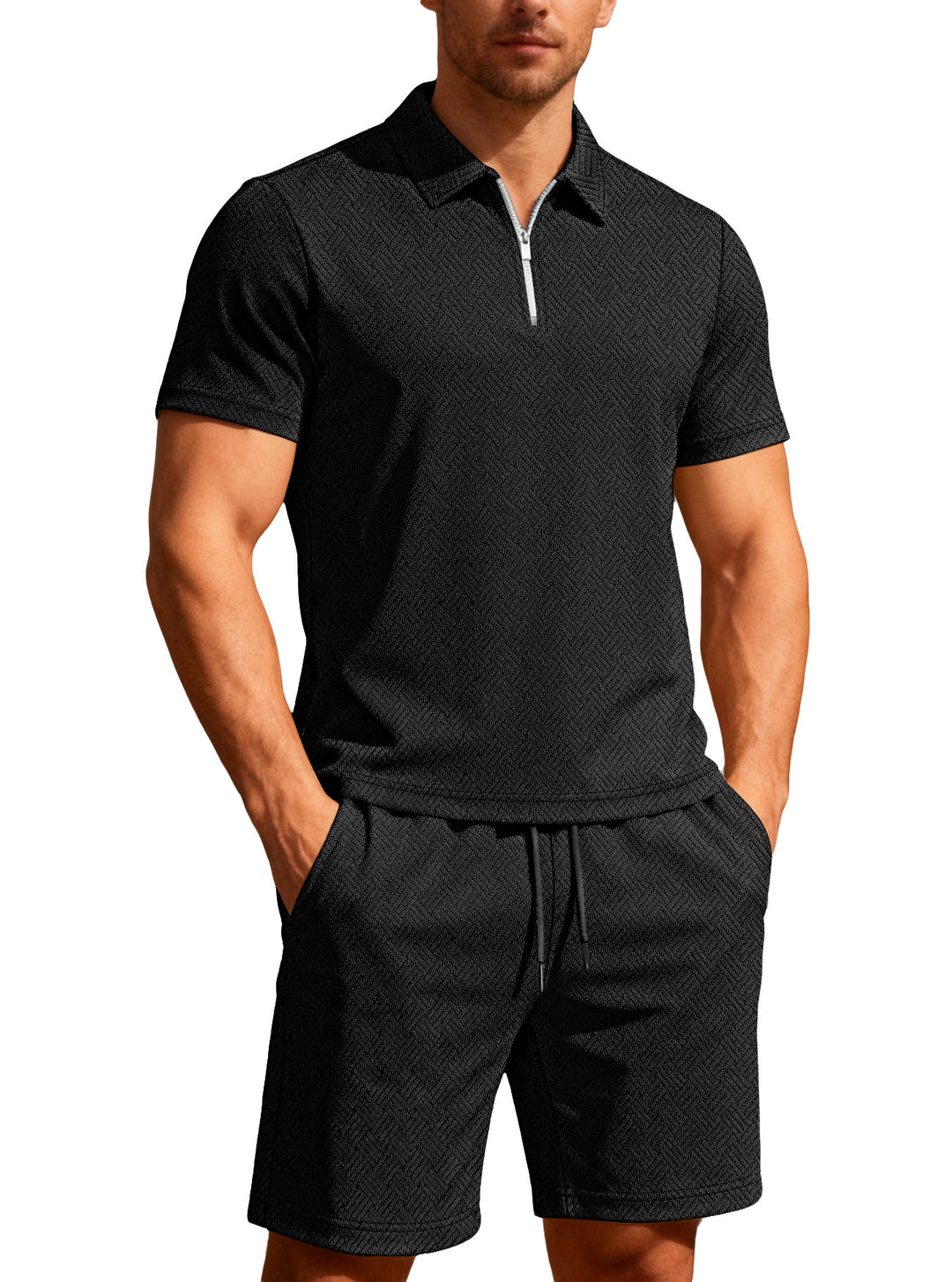 Herren nan komfortables Lounge-Zweiteiler aus strukturierter Baumwollmischung mit Halbzip-Poloshirt und Kordel-Shorts EB