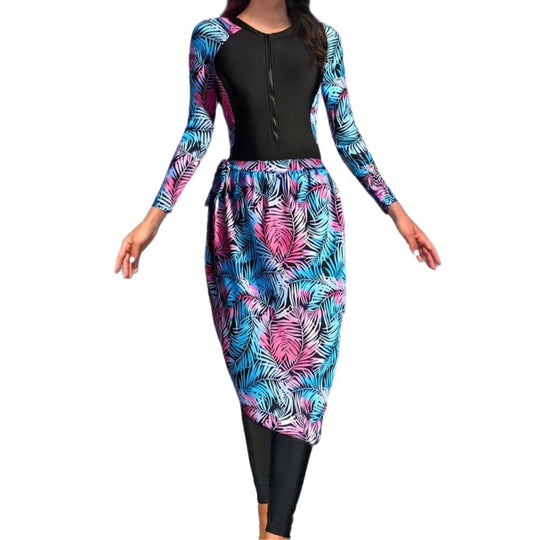 Damen Modischer UV-Schutz-Schwimmanzug mit langen Ärmeln und elegantem Rock EB