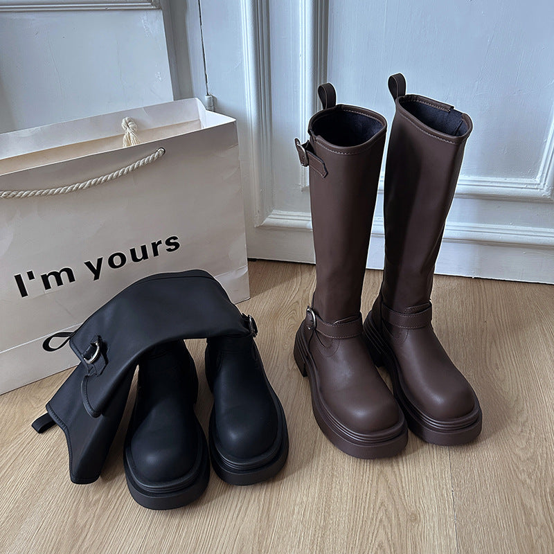 Damen modische kniehohe Stiefel mit coolem Schnallen-Detail EB