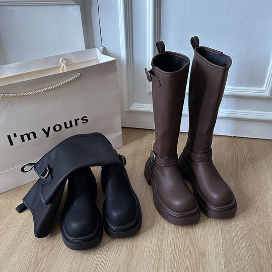 Damen modische kniehohe Stiefel mit coolem Schnallen-Detail EB