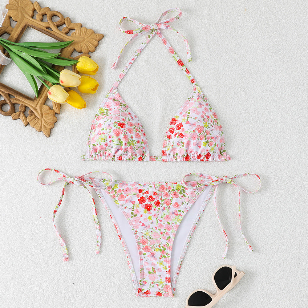 Damen Triangel-Bikini mit verstellbaren Bindebändern und floralen Details EB