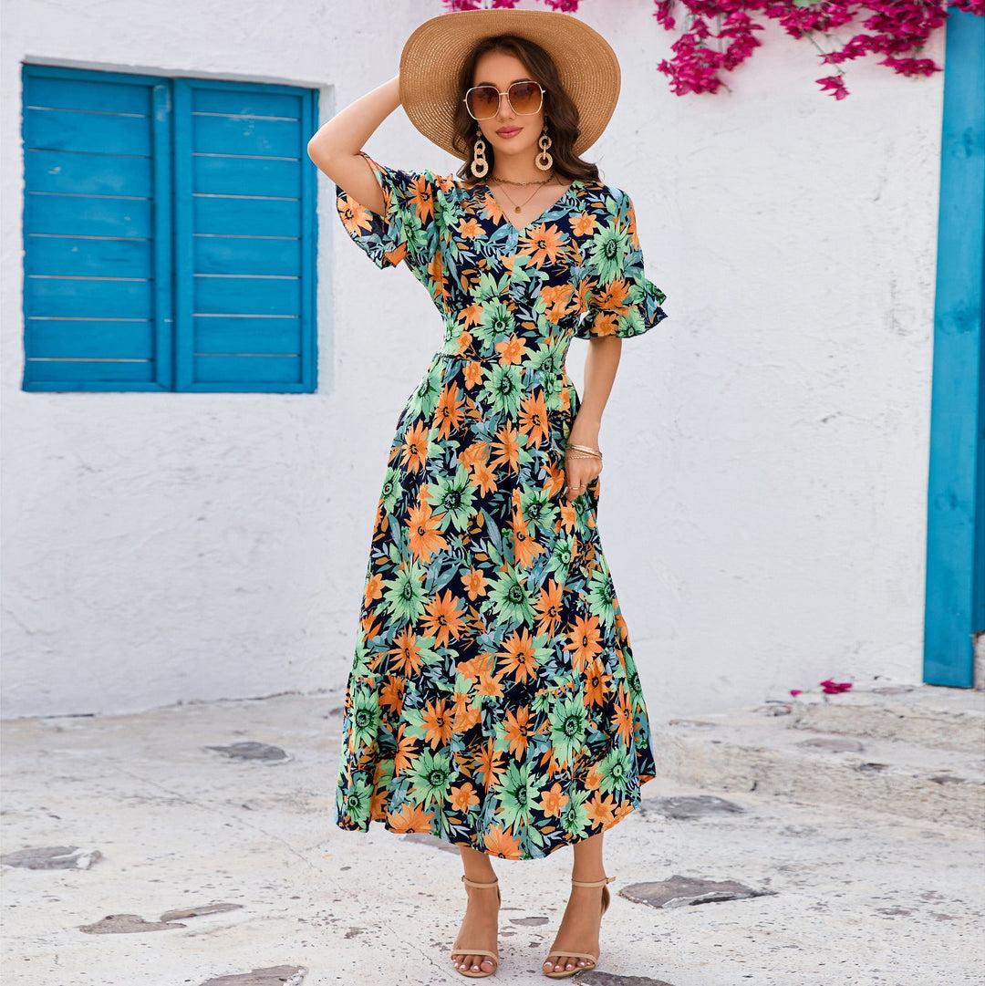Damen Maxikleid mit voluminösen Ärmeln und fröhlichem Blumenmuster EB