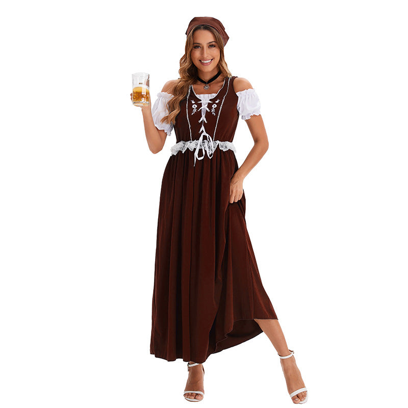 Damen nan kurzes Trachtenkleid im Dirndlstil mit floraler Spitzen-Schürze, geschnürter Miederfront und geraffter Carmenbluse EB