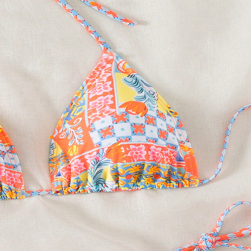 Damen Triangel-Bikini mit verspieltem Blumendesign und eleganten Bindebändern EB